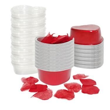 Imagem de Formas de bolo em forma de coração para assar com pétalas vermelhas, BLVRYVIO 50 conjuntos de copos de cupcake de alumínio com tampas, mini formas vermelhas descartáveis de 100 ml para festas de