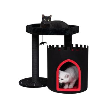 Imagem de YARUOMY Castelo gótico de árvore de gato, torre de gato preto com cama de caixão, condomínio espaçoso para gatos de Halloween, postes para arranhar barbante kraft, bola pendurada em aranha, móveis