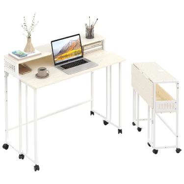 Imagem de Gezen Mesa dobrável com prateleira de armazenamento, pequena rolante com rodas, sofá móvel, mesa lateral, cama para escritório em casa, espaço pequeno, bege, 80 cm