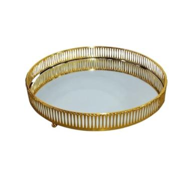 Imagem de Bandeja Decorativa Luxo Espelhada em Metal Redonda para Banheiro, Lavabo, Multiuso Casa (Grelha Dourado)
