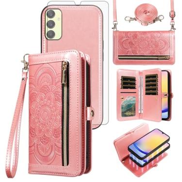 Imagem de Asuwish Capa de celular para Samsung Galaxy A25 5G/A24 4G/M34/F34 /F34 Capa magnética destacável com protetor de tela de vidro temperado, suporte de cartão floral A 25 25A 24A LTE feminino ouro rosa