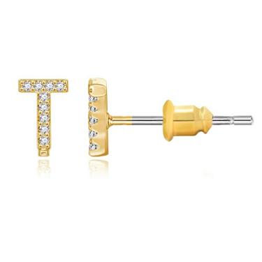 Imagem de Brincos com inicial folheados a ouro 14 K zircônia cúbica brincos de letras pequenas personalizados brincos de pino CZ pequeno para mulheres e meninas Dourado