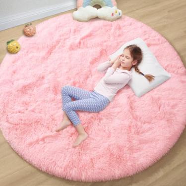 Imagem de EVOIONOS Tapete redondo rosa para quarto, 1,5 x 1,5 m, tapetes macios e macios para sala de estar, tapete circular felpudo de pelúcia para piso interno, cabeceira, berçário, lavável na máquina