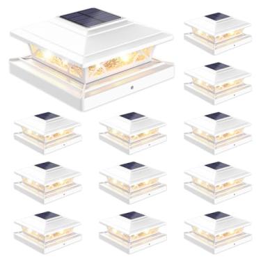 Imagem de JOFIOS Luzes de poste solares ao ar livre 12 unidades, poste de cerca de deck branco alimentado por energia solar com 16LEDS 2 modos de iluminação, 4x4/5x5/6x6 luzes de poste de cerca à prova d'água