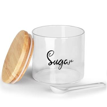 Imagem de Açucareiro de vidro transparente com colher de tampa de madeira e vedação de silicone, suporte dispensador de recipiente de fazenda para cozinha doméstica, 340 g