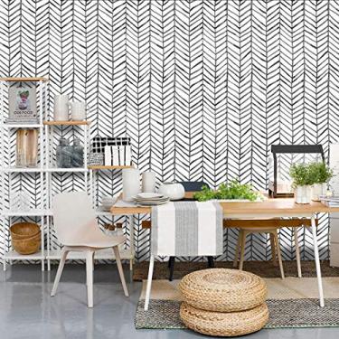 Imagem de MulYeeh 17,7" x 118" autoadesivo descasque e cola papel espinha de peixe preto branco papel de parede removível cobertura de parede pré-colada decorativa, 17.7'' x 118'', Multicolor