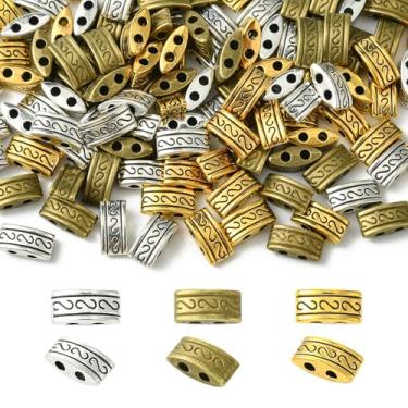 Imagem de Ipotkitt 150 peças, 3 cores, contas de metal com 2 furos, contas retangulares de prata antigas, ornamentos espaçadores planos para artesanato faça você mesmo, chaveiro, pulseira, brinco, caneta