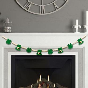 Imagem de HUXFANG Decorações Para O Dia De São Patrício - Chapéu Feltro Verde Com Trevos E Contas Madeira Decoração Do Patrício, Faixa Guirlanda Lareira (Faixa Trevos)