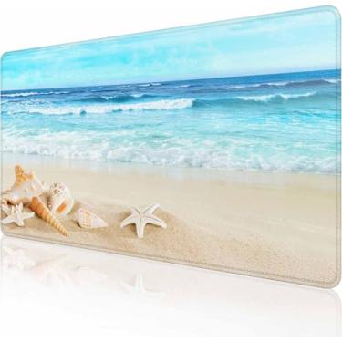 Imagem de Mouse pad para jogos, base de borracha antiderrapante grande, tapete de mouse com teclado, tapete de mesa com bordas costuradas, 90 x 40 cm, praia com conchas na areia