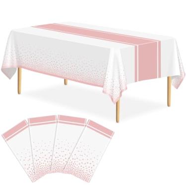 Imagem de LIKAJON Pacote com 4 toalhas de mesa em ouro branco e rosa para decoração de festa, toalha de mesa de plástico branca impressa em ouro rosa, 137 x 272 cm, capa de mesa retangular descartável para