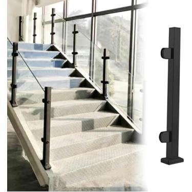 Imagem de LGEOELIAS Postes de cerca de vidro para pátio, sistema de corrimão de escada de aço inoxidável preto, coluna divisória de balaústre quadrada para azulejo/madeira/superfície de concreto