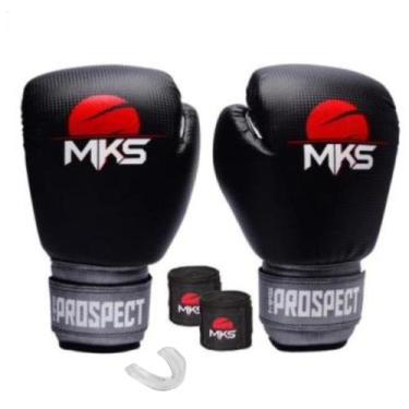 Imagem de Kit Luva Boxe Muay Thai Prospect Preto/Prata 16oz + Bandagem + Proteto