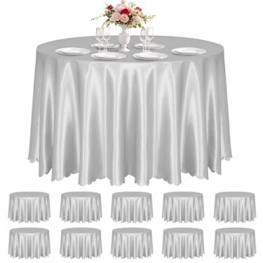 Imagem de KKJIAF Pacote com 10 toalhas de mesa redondas de cetim prateado, 224 cm, sobreposição, toalha de mesa de jantar de cetim sedoso para decoração de banquetes de casamento, buffet, festas