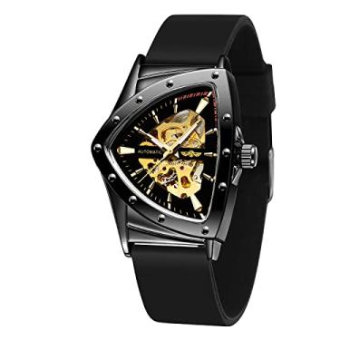 Imagem de FORSINING Novo relógio de pulso masculino à prova d'água esqueleto mecânico triangular com pulseira de silicone, Ouro e preto, Moderno