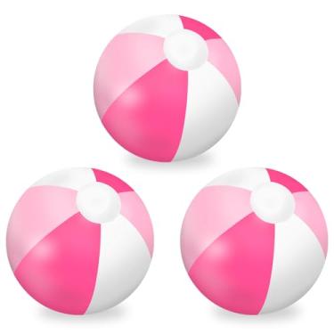 Imagem de Whaline 3 bolas de praia infláveis de 40,6 cm, bolas redondas de PVC, brinquedos fofos para o verão, tema tropical havaiano, decoração de festa na praia (rosa e branco)