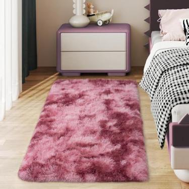 Imagem de Ailyei Tapetes de corredor macios para corredores de quarto, 5 x 10 cm tingido de gravata rosa fofo felpudo tapete antiderrapante para dormitório de cabeceira, tapete peludo longo e felpudo para