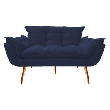 Imagem de Namoradeira Decorativa Opala Suede Azul Marinho 2 Lugares Pés Madeira 