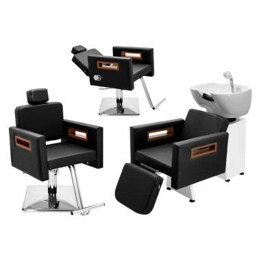 Imagem de Kit Salão de Beleza 1 Cadeira Fixa + 1 Reclinável Quadrada + 1 Lavatório C/Ap Tunísia