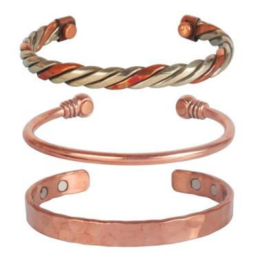 Imagem de INDTRESOR Pulseira magnética de cobre estilo tibetano. Forjada à mão com cobre puro sólido e de alto calibre. Conjunto de 3 designs diferentes em estilo de tubo trançado martelado.