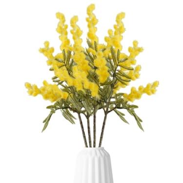 Imagem de 4 peças de flores artificiais Albizia, flores amarelas falsas, folhas de mimosa, plantas flocadas para decoração de jardim doméstico, decorações de plástico artificial