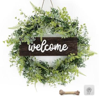 Imagem de Guirlanda artificial de eucalipto com placa de boas-vindas, guirlanda de folhas de eucalipto verde de 45,7 cm, guirlanda de folhas redondas, decoração verde para casa de fazenda, primavera, verão e