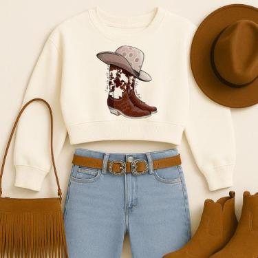 Imagem de Cropped Moletom Estampa Bota e Chapéu Estilo Country Moda Western Faro