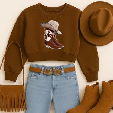 Imagem de Cropped Moletom Estampa Bota e Chapéu Estilo Country Moda Western Faro