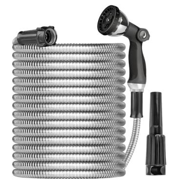 Imagem de Ainpota Mangueira de jardim Mangueira de água de 30 metros Tubo de água de aço inoxidável resistente de metal com pulverizador e bocal Mangueira leve flexível sem torção Mangueira à prova de animais