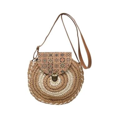 Imagem de SHAREYOIU Bolsa feminina Boho feita à mão de tecido natural, bolsa redonda de palha de ombro de palha para praia, Caqui