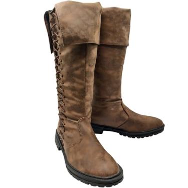 Imagem de JUNQIAKO Botas de pirata medievais masculinas Renaissance Pull on Mid Calf Gothic Halloween Costume Boot Vintage Stage Pirate Viking Shoes, Marrom, 45