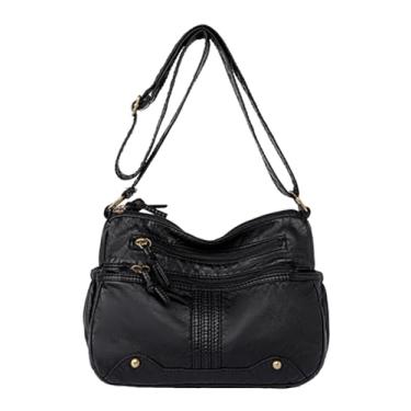 Imagem de SHAREYOIU Bolsa de ombro feminina de poliuretano retrô com vários bolsos, bolsa tiracolo estilo jeans, Preto