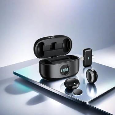 Imagem de Microfone Sem Fio Lapela Magnético, Dual e Type-C, Bateria 5H, Transmissão 30m, Carregamento 300mAh