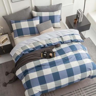 Imagem de LEMIROE Capa de edredom Classic Check 100% algodão king size 3 peças – Marfim elegante, cinza claro, xadrez azul-marinho e jeans, conjunto de cama minimalista de 3 peças com fecho de botão (king, 264
