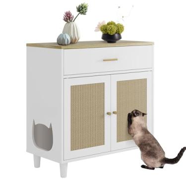 Imagem de Caixa de areia oculta para gatos com gaveta de armazenamento, armário de areia para gatos de madeira com 2 portas de sisal, armário de caixa de areia escondido fechado para gatos à prova de cachorro