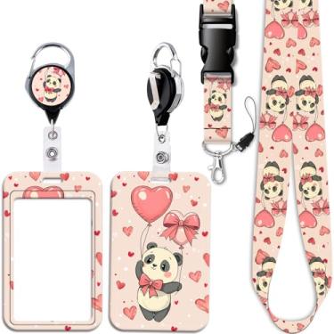 Imagem de Cordão destacável de panda rosa com clipe retrátil de carretel de crachá, chaveiro de coração fofo para mulheres, meninas, professoras, crianças, enfermeiras para chaves de crachá de identificação