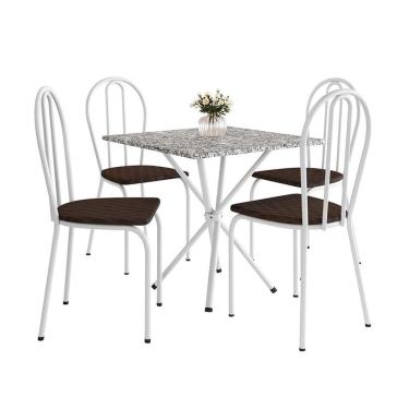 Imagem de Conjunto de Mesa Quadrada com Tampo Granito e 4 Cadeiras Léia Revestimento Sintético Branco e Cacau