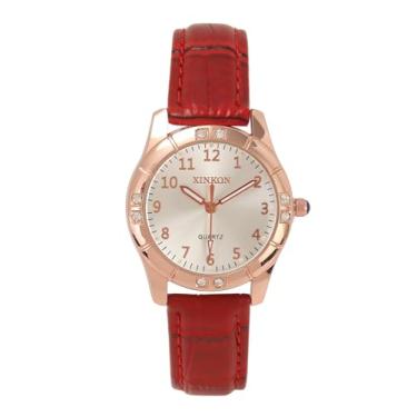 Imagem de MANIFO Relógio de pulso feminino clássico com algarismos arábicos, analógico, quartzo, pulseira de couro, luminoso para mulheres, Vermelho