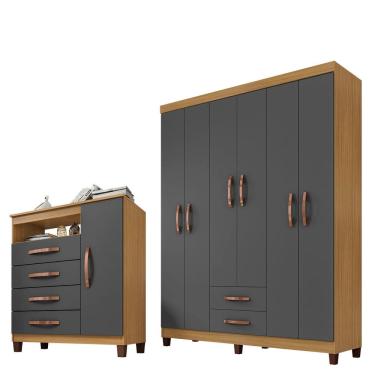 Imagem de Guarda Roupa De Casal 6 Portas e 2 Gavetas Sem Espelho Com Cômoda Sapateira 1 Porta 4 Gavetas Carvalho Americano - Grafite - ÉdeCasaMóveis