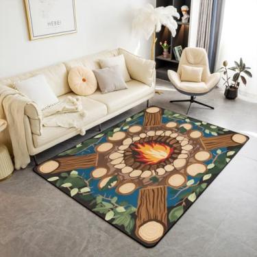 Imagem de Erosebridal Tapete de área de acampamento Happy Camping, 1,88 m x 9,5 cm, tapete decorativo de toco de árvore, para crianças, floresta, folhas botânicas, lavável, tapete interno