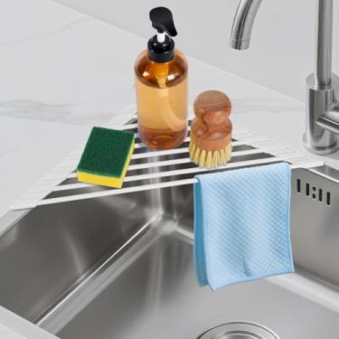 Imagem de Escorredor de louça triangular sobre a pia envoltório de silicone dobrável para pia de canto, organizador acima da pia, tapete de secagem de pia dobrável multiuso, resistente ao calor, antiderrapante