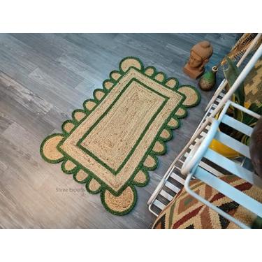 Imagem de Shree Exports Tapete de área de juta natural recortado feito à mão, acabamento verde base natural 0,6 x 0,9 m