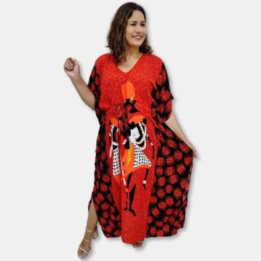 Imagem de Vestido Longo Indiano Kaftan Viscose Estampa Africana Plus - Sarat Mod