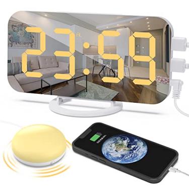 Imagem de VAUNO Despertador com agitador de cama, despertador vibratório alto para pessoas com sono pesado, com luz de despertar, portas USB, visor espelhado de LED, regulador, soneca para deficientes auditivos