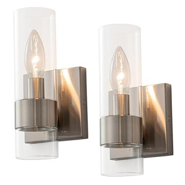 Imagem de Hyperion house Pacote com 2 luminárias modernas de níquel acetinado, arandelas de parede interna com tubo de vidro transparente, iluminação de banheiro para cozinha, quarto e espelho