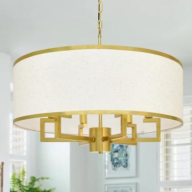 Imagem de Bagood Lustre de tambor moderno de 59,9 cm branco e dourado, luminária redonda de tecido de veludo para tambor de sombra, 6 luzes, montagem semi-embutida, lustre de teto suspenso para sala de jantar e