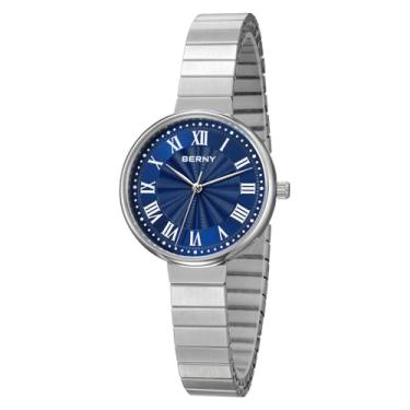 Imagem de BERNY Relógios femininos vintage prateados, relógio de pulso feminino delicado, analógicos de quartzo com aço inoxidável, pulseira de expansão patenteada 3ATM, índices romanos, moda presente de
