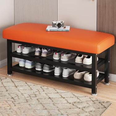 Imagem de Banco Estofado e Sapateira 2 Prateleiras Organizadoras Assento Hall de Entrada Organizador de Sapatos Industrial Puff (80x30x49cm-Laranja)