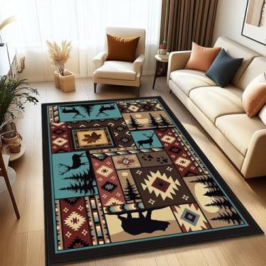 Imagem de Tapete rústico para área de vida selvagem, 10 x 15 cm, lavável, tapete vintage, folha de bordo, urso, alce, veado, campo, marrom, antiderrapante, para área ocidental, tapete macio para sala de estar