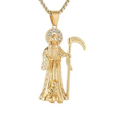 Imagem de AsAlways Colar de Papai Noel Muerte para homens, aço inoxidável, gótico, ceifador, santa morte, com pingente de caveira, joia de presente, Aço inoxidável, Zircônia cúbica