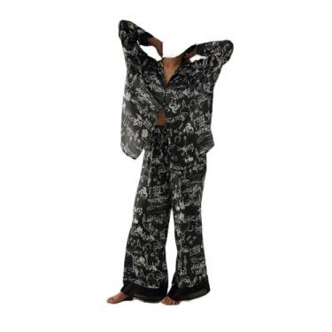 Imagem de Conjunto de pijamas femininos Yoawdats, cetim macio, floral, 2 peças (